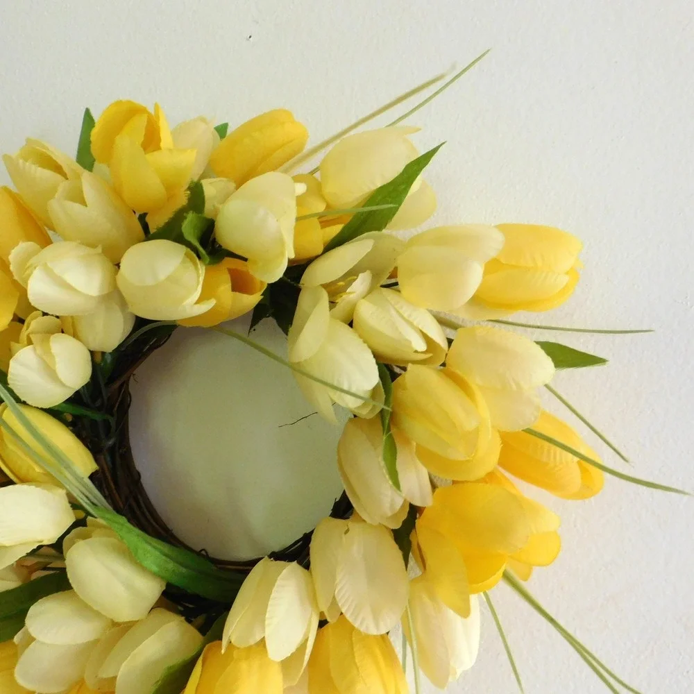 Artificial Yellow Tulip mini Wreath 12 Inch Diameter Farmhouse Decor Candle Ring
